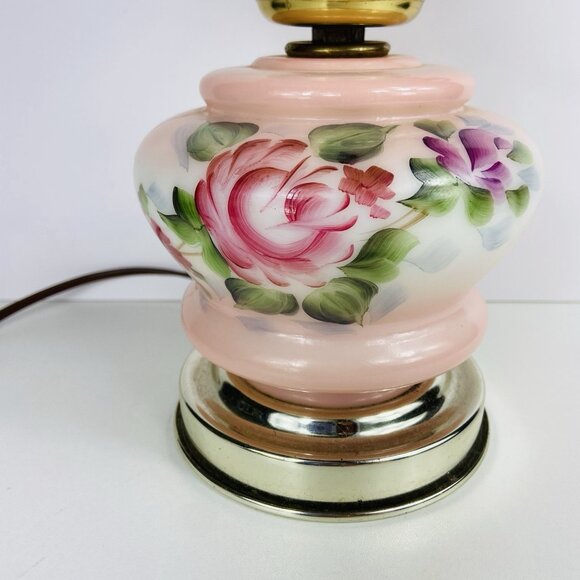 Vintage Hurricane Lamp 12.5” Pink Floral Hand Painted Glass Brass Electric - Picture 5 of 10